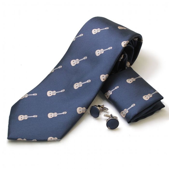 Conjunto corbata, pañuelo y gemelos guitarra